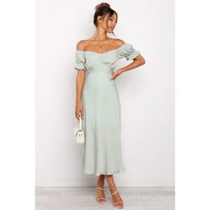 Petal and Pup Oralie Dress Midi Off the Shoulder Ruched Mint Green AU/UK 8 US 4